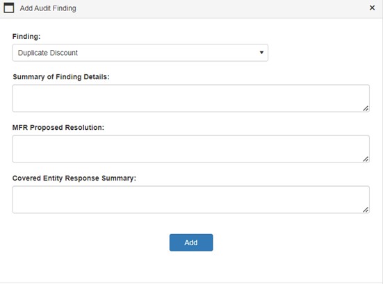 Add Audit Finding window Add Audit Finding window